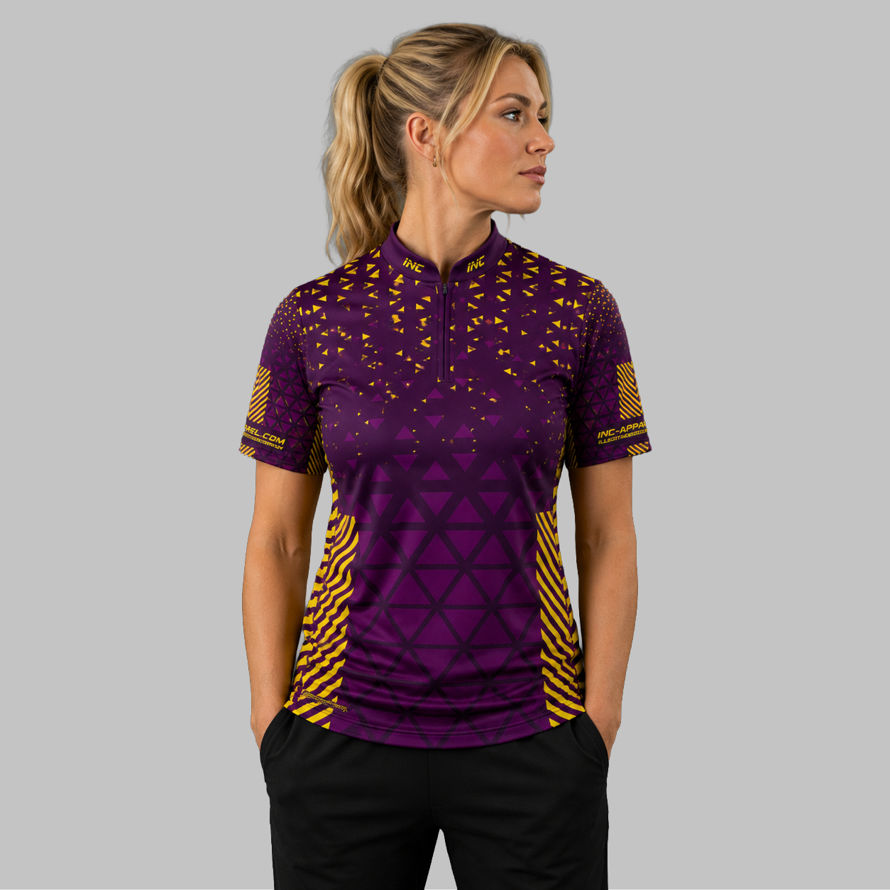Front view of the Women's Magnus purple and yellow darts and pool shirt, showcasing the custom-tailored athletic jersey layout with vivid geometric graphics.