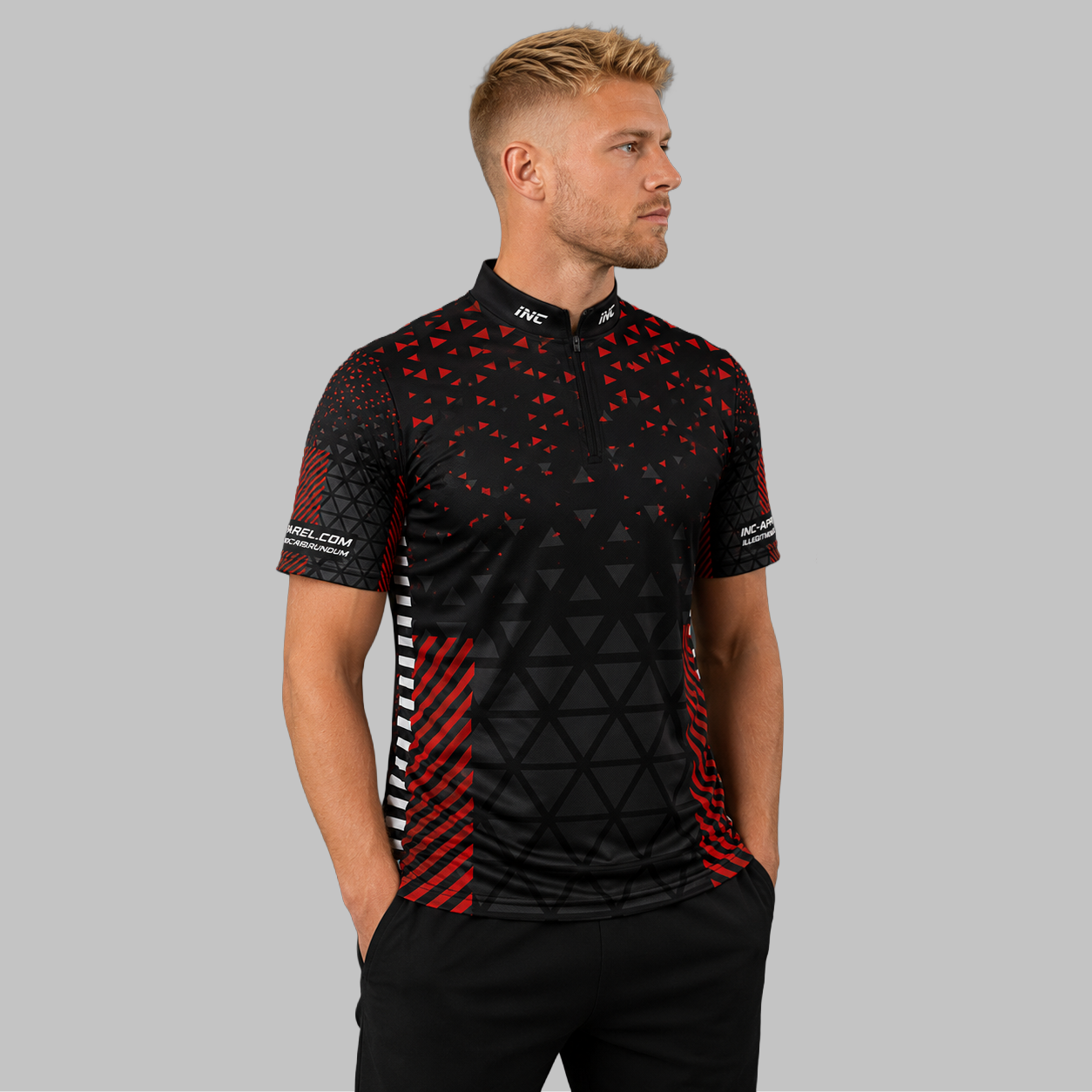 Front view of the Men and Youth Magnus red and black darts and pool shirt, showcasing the dynamic athletic jersey design and vivid geometric patterns.