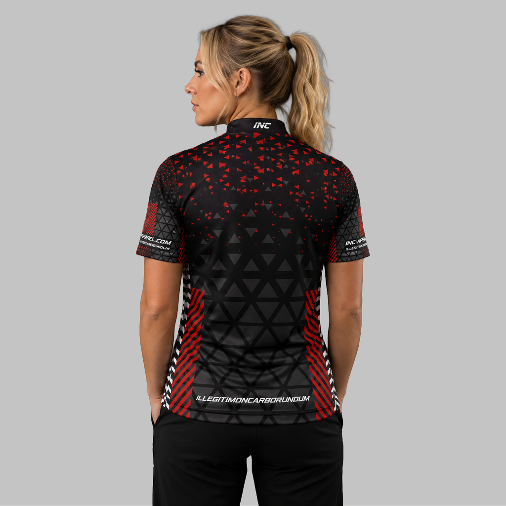 Back view of the Women's Magnus red and black darts and pool shirt, highlighting the seamless continuation of the premium athletic pattern across the shoulders.
