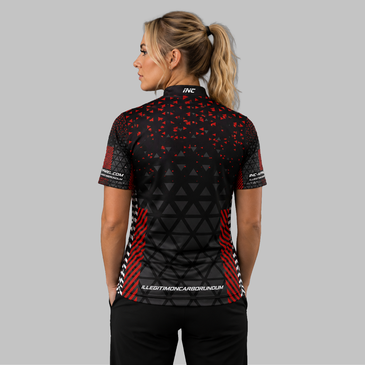 Back view of the Women's Magnus red and black darts and pool shirt, highlighting the seamless continuation of the premium athletic pattern across the shoulders.