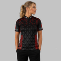 Front view of the Women's Magnus red and black darts and pool shirt, showcasing the custom-tailored athletic jersey layout with vivid geometric graphics.