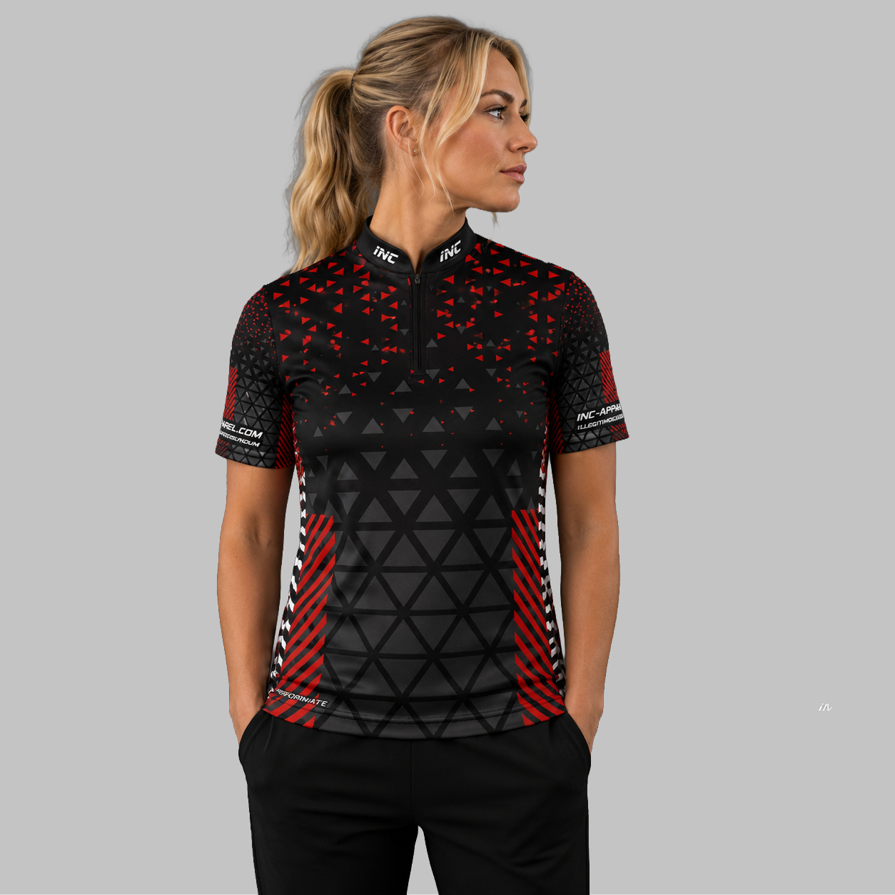 Front view of the Women's Magnus red and black darts and pool shirt, showcasing the custom-tailored athletic jersey layout with vivid geometric graphics.