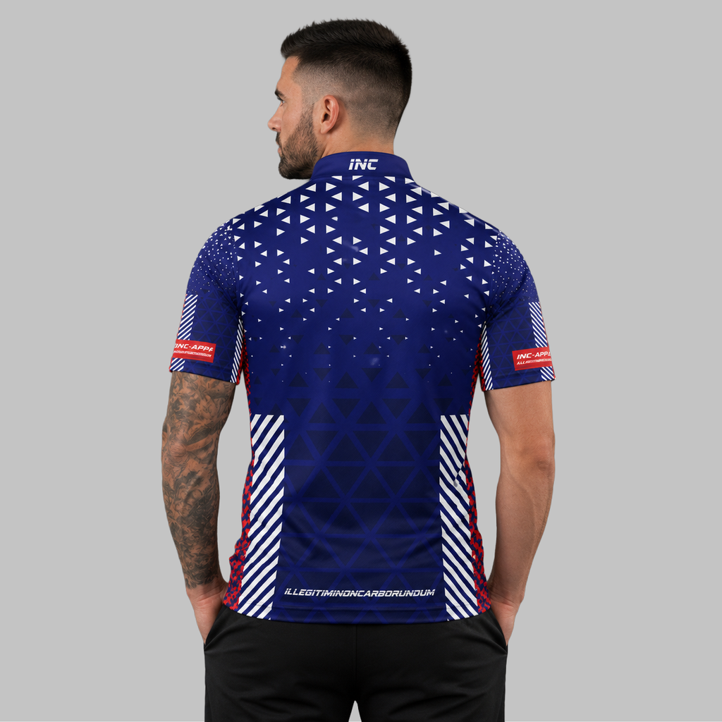 Back view of the Men and Youth Magnus red, white, and blue darts and pool shirt, showing the clean continuation of the premium graphic pattern across the back.