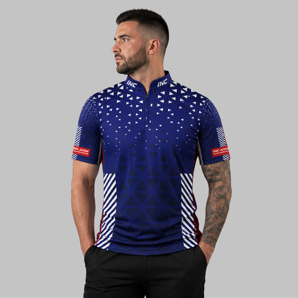 Front view of the Men and Youth Magnus red, white, and blue darts and pool shirt, showcasing the dynamic athletic jersey design and vivid geometric patterns.