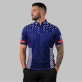Front view of the Men and Youth Magnus red, white, and blue darts and pool shirt, showcasing the dynamic athletic jersey design and vivid geometric patterns.
