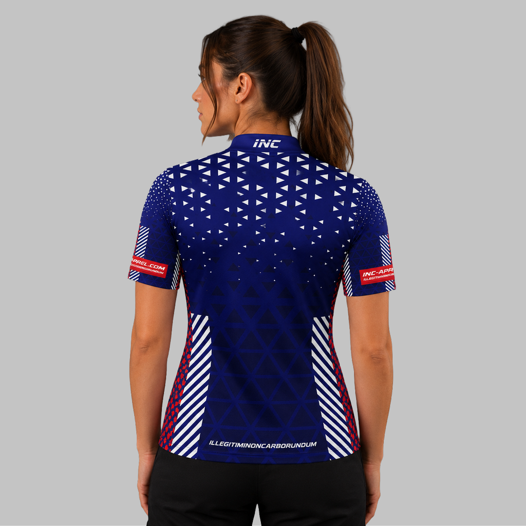 Back view of the Women's Magnus red, white, and blue darts and pool shirt, highlighting the seamless continuation of the premium athletic pattern across the shoulders.
