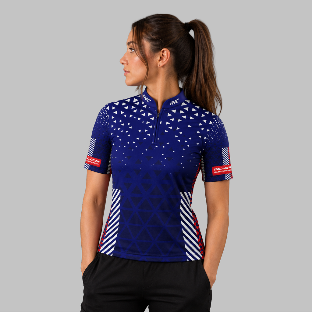 Front view of the Women's Magnus red, white, and blue darts and pool shirt, showcasing the custom-tailored athletic jersey layout with vivid patriotic geometric graphics.