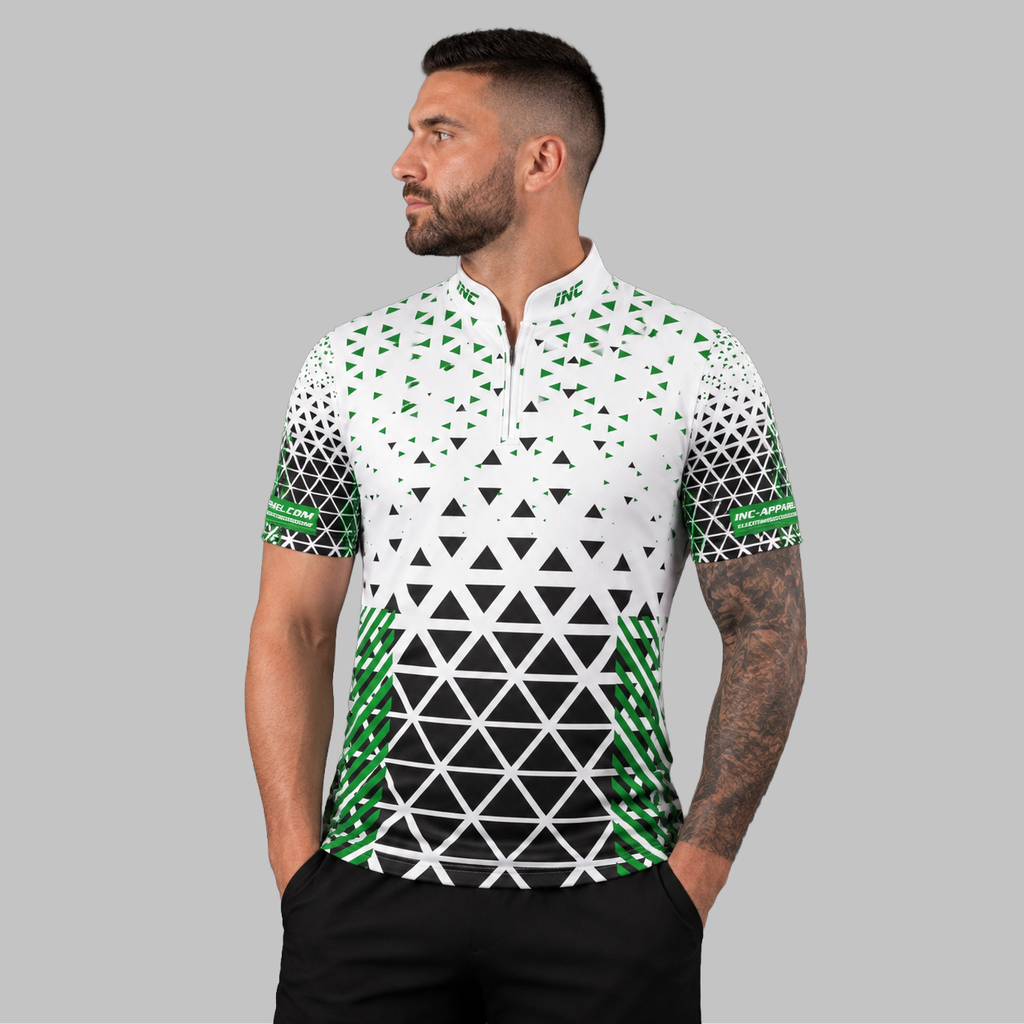 Front view of the Men and Youth Magnus, white and green darts and pool shirt, showcasing the dynamic athletic jersey design and vivid geometric patterns.