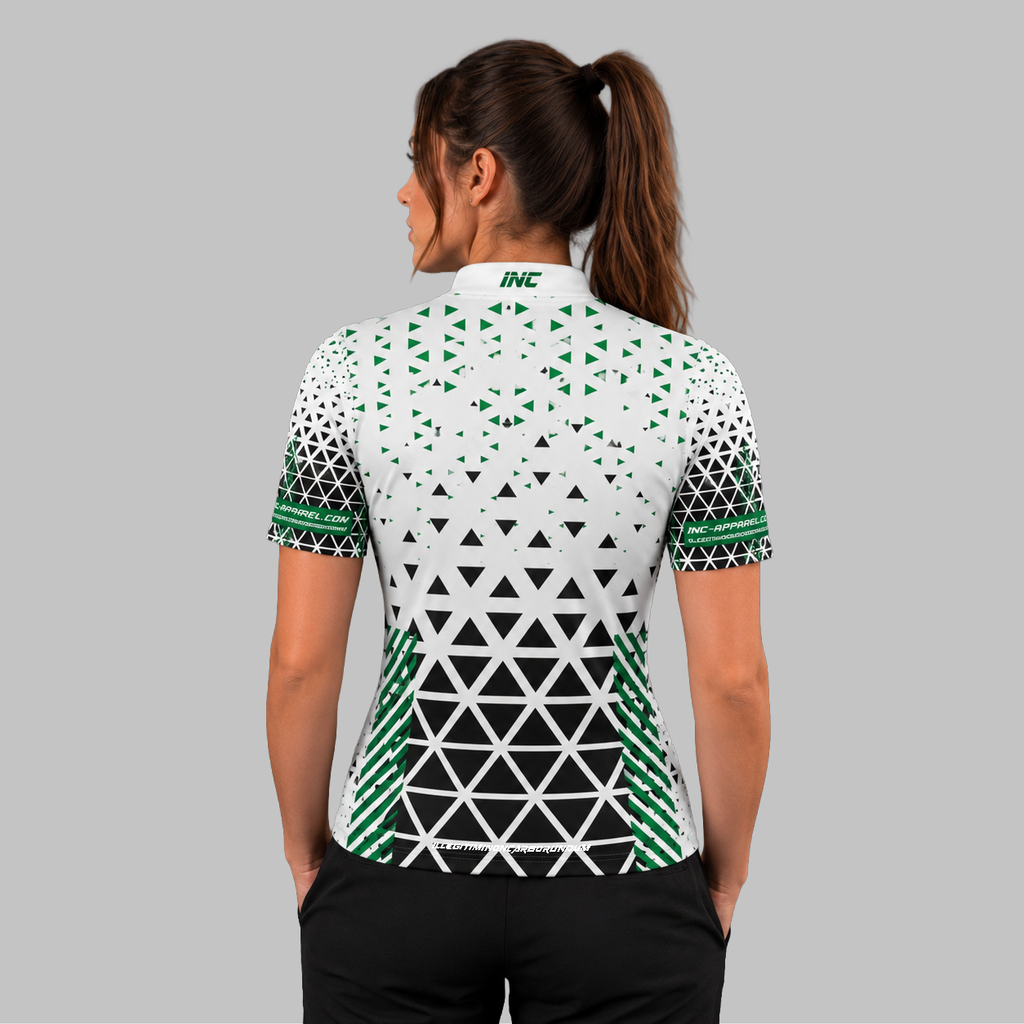 Back view of the Women's Magnus white and green darts and pool shirt, highlighting the seamless continuation of the premium athletic pattern across the shoulders.