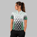 Front view of the Women's Magnus white and green darts and pool shirt, showcasing the custom-tailored athletic jersey layout with vivid geometric graphics.