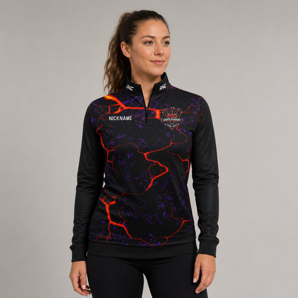 Front view of the unisex MG Darts Academy Quarter Zip Midlayer, highlighting the athletic team styling, stand-up collar, and official academy crest.