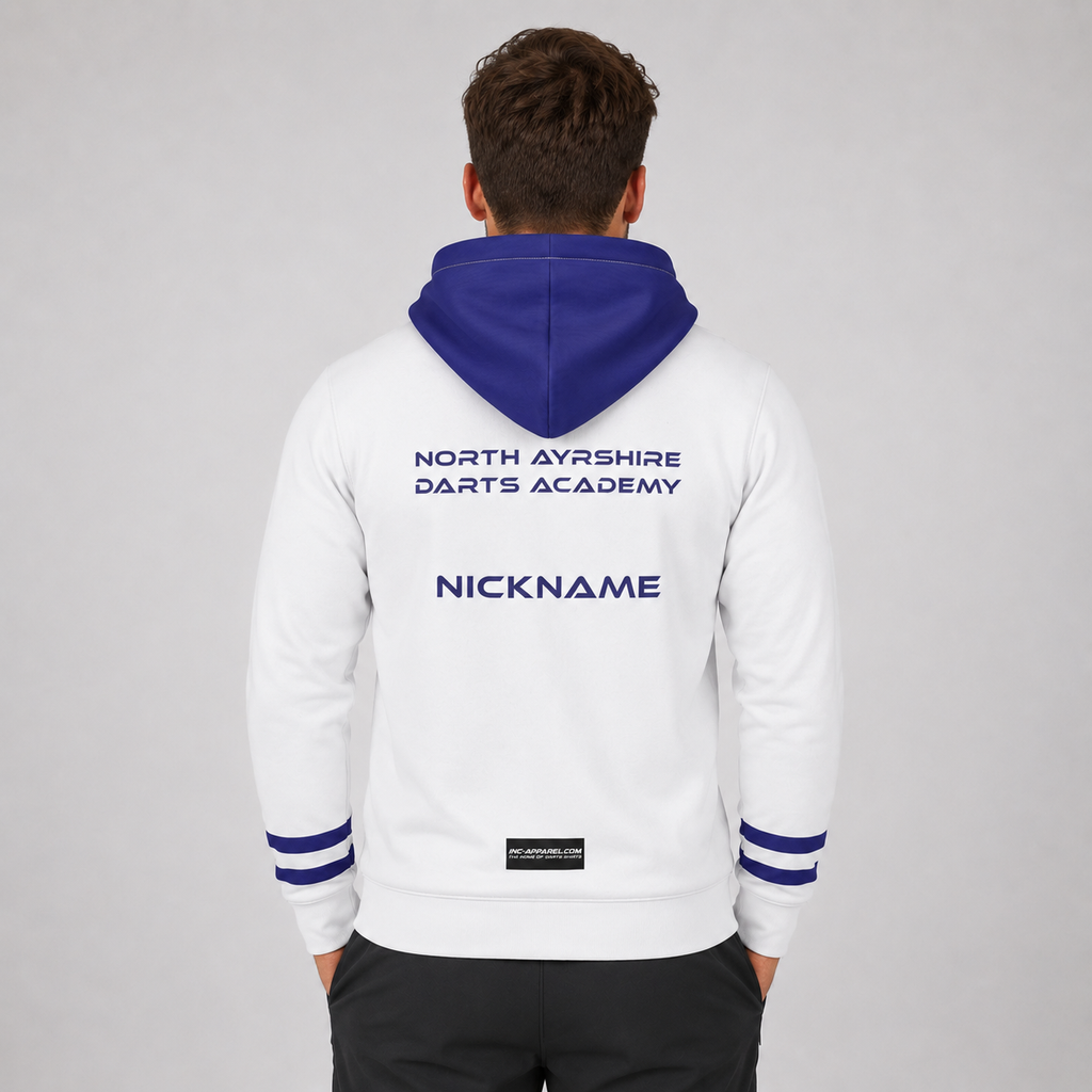 Back view of the unisex North Ayrshire Darts Academy Hoodie, showcasing the clean fit and double-lined hood architecture.