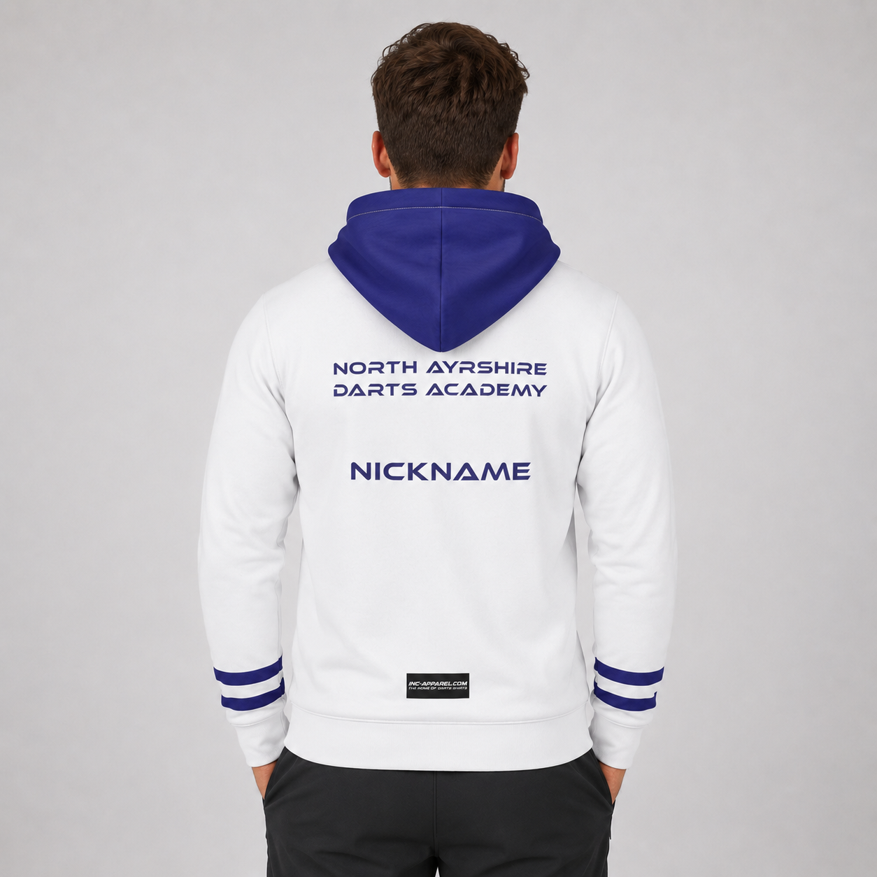 Back view of the unisex North Ayrshire Darts Academy Hoodie, showcasing the clean fit and double-lined hood architecture.