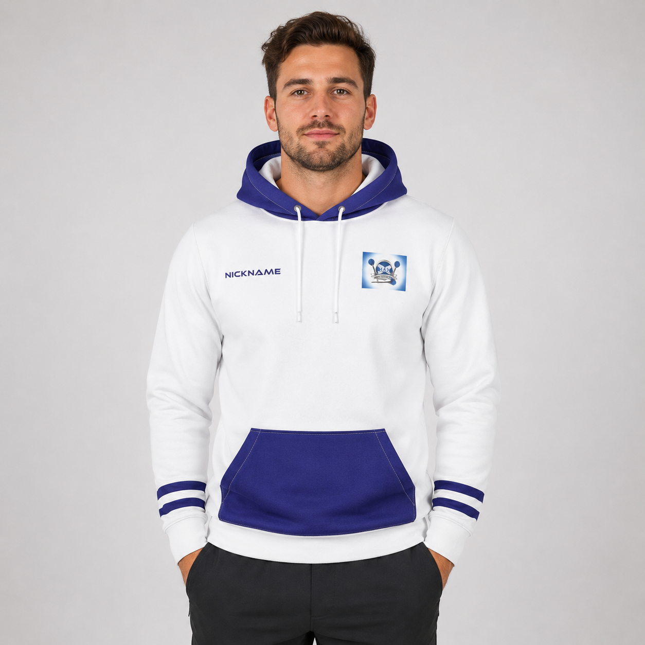 Front view of the unisex North Ayrshire Darts Academy Hoodie, highlighting the cozy fleece design and bold official academy crest across the chest.