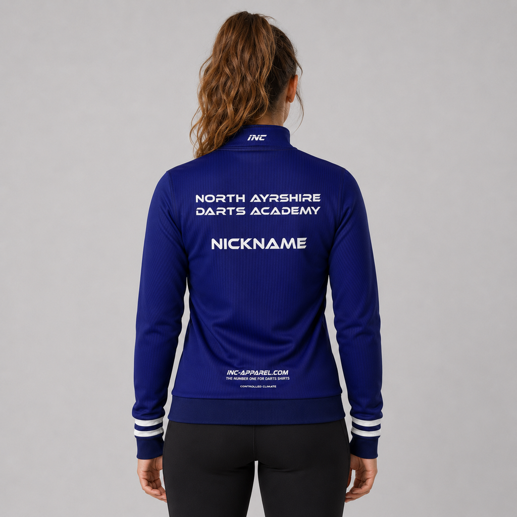 Back view of the unisex North Ayrshire Darts Academy Quarter Zip Midlayer, showcasing the clean athletic silhouette and flexible shoulder construction.