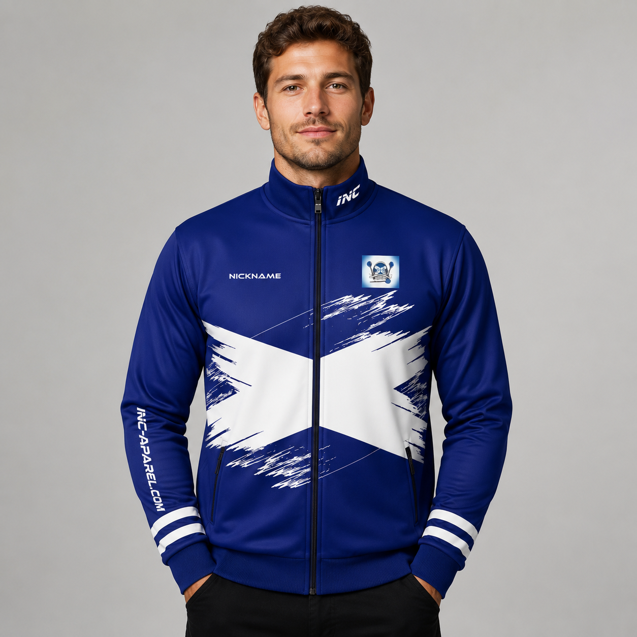Front view of the unisex North Ayrshire Darts Academy Tournament Jacket, highlighting the sleek full-zip design, athletic collar, and prominent official academy crest.