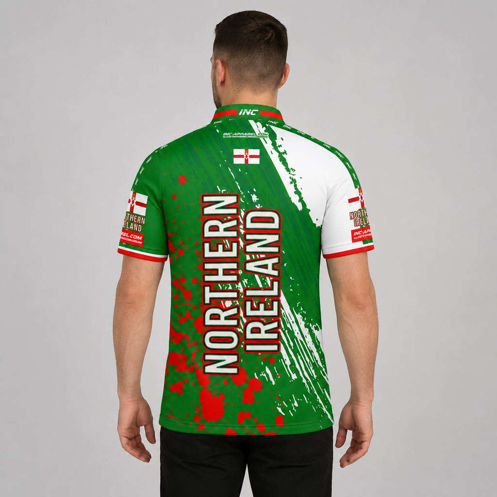 Back view of the Men and Youth Northern Ireland custom darts and pool shirt, highlighting the clean layout optimized for custom player name and number personalization.