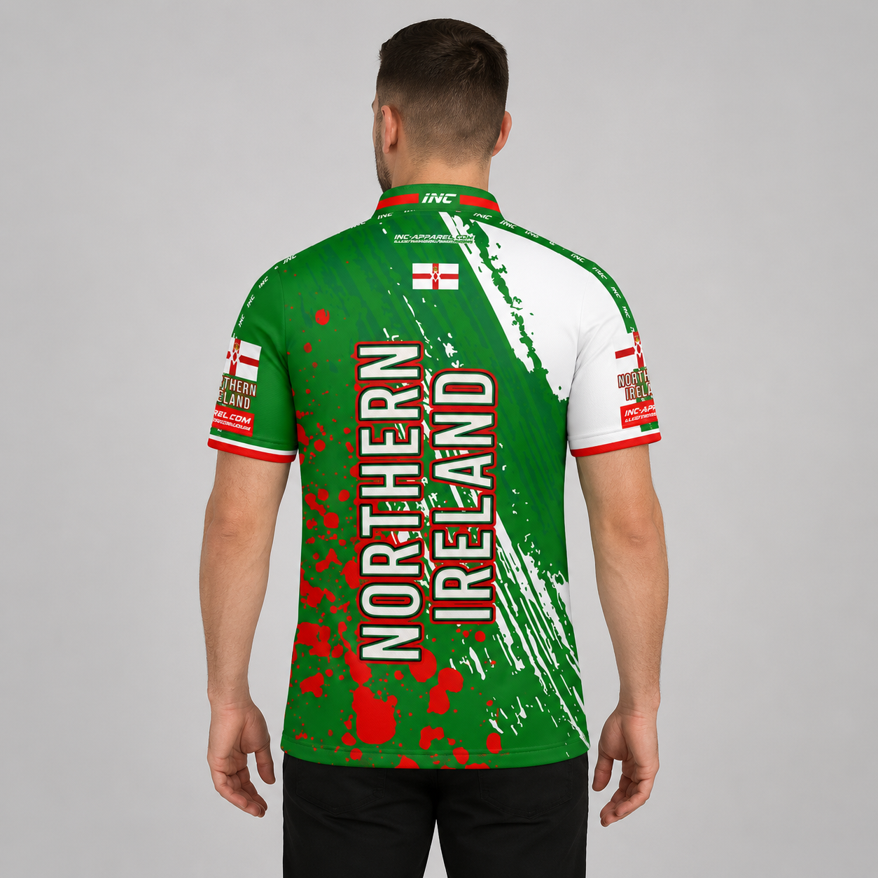 Back view of the Men and Youth Northern Ireland custom darts and pool shirt, highlighting the clean layout optimized for custom player name and number personalization.