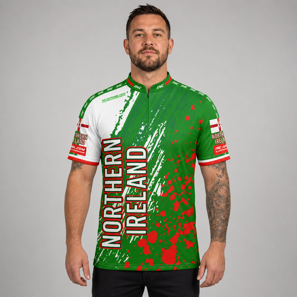 Front view of the Men and Youth Northern Ireland custom darts and pool shirt, featuring a premium national team athletic jersey design with classic Northern Irish colors.