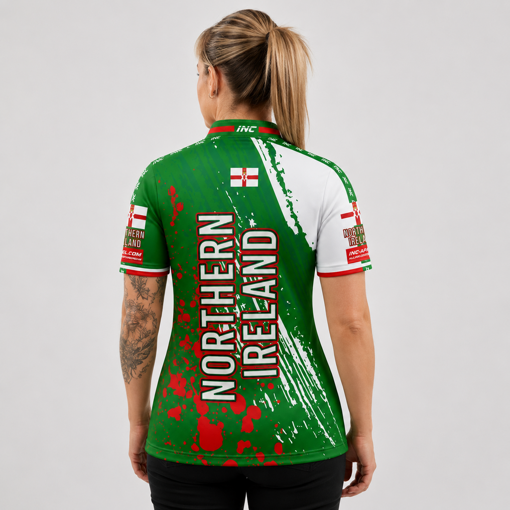 Back view of the Womens Northern Ireland custom darts and pool shirt, showing the clean layout ready for custom Northern Irish player name and number personalization.
