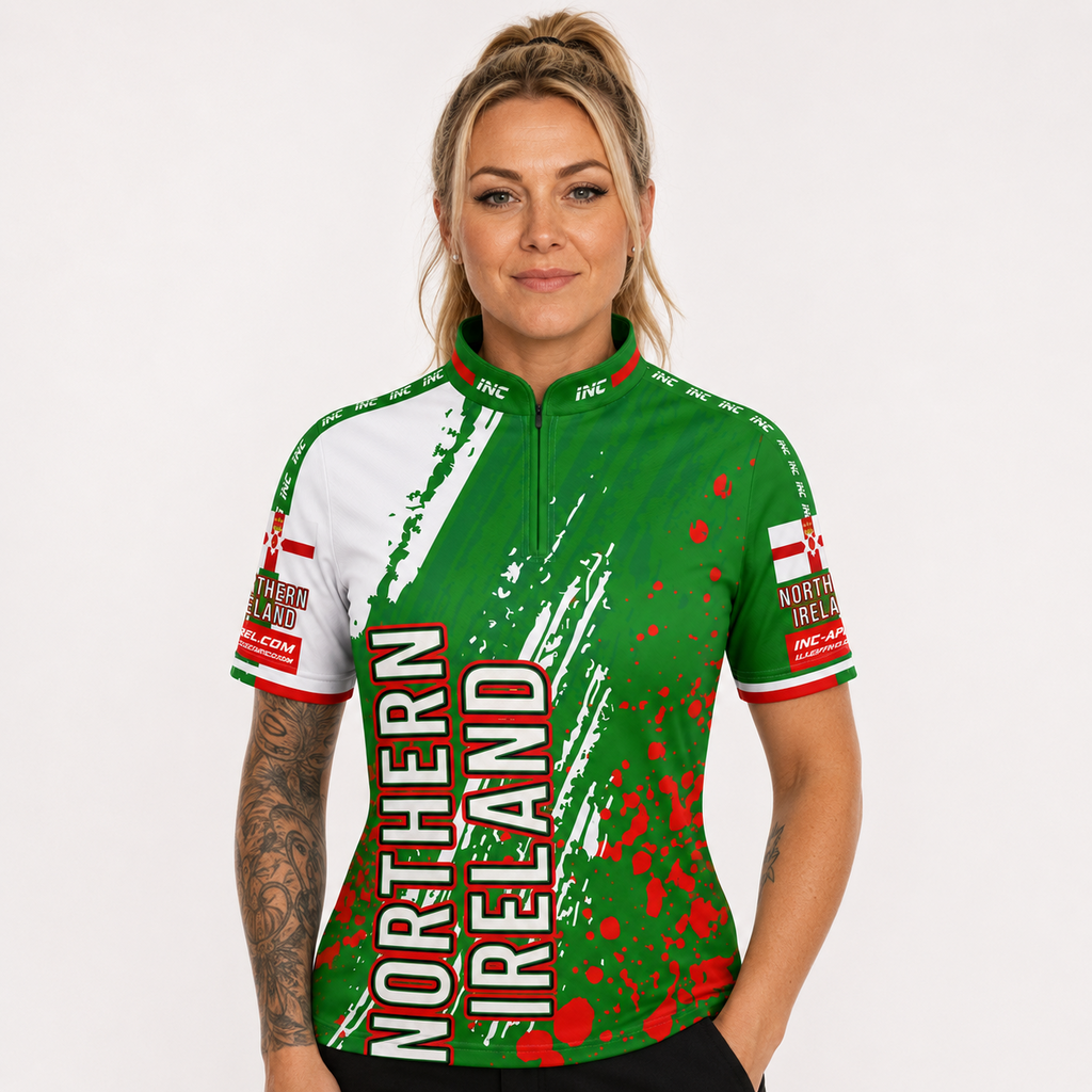 Front view of the Womens Northern Ireland custom darts and pool shirt, featuring a tailored athletic jersey design with proud national team colors.