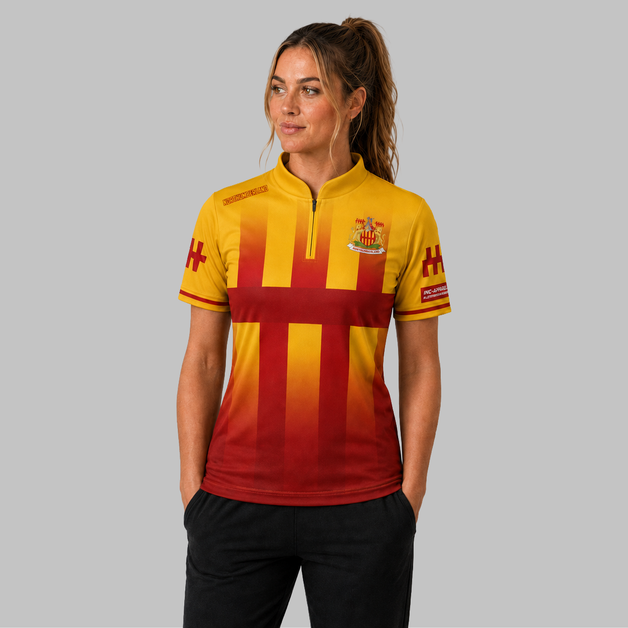 Front view of the Women's Northumberland County Darts Shirt, showing the tailored athletic fit, professional collar, and official county crest.