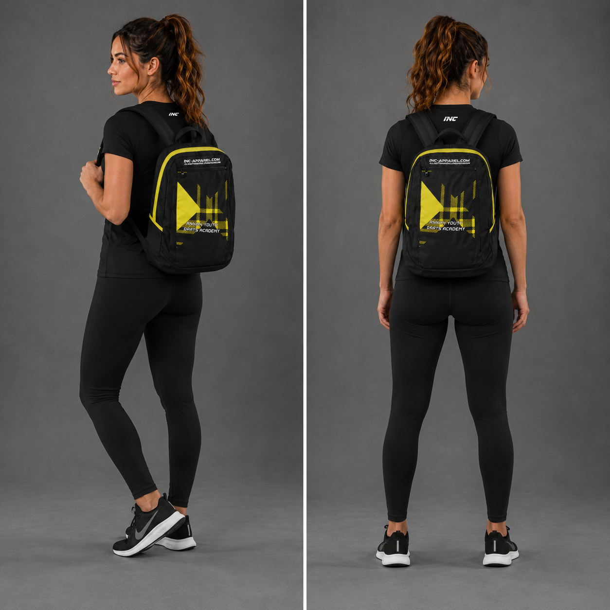 Front view of the Official Annan Youth Darts Academy backpack, highlighting the spacious zipped pockets, dual water bottle mesh compartments, and clean academy branding.