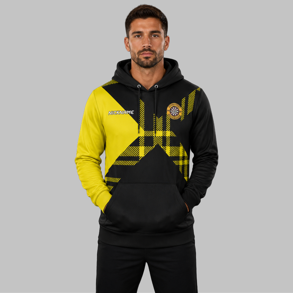 Front view of the unisex Official Annan Youth Darts Academy hoodie, highlighting the cozy fleece design and bold academy branding across the chest.