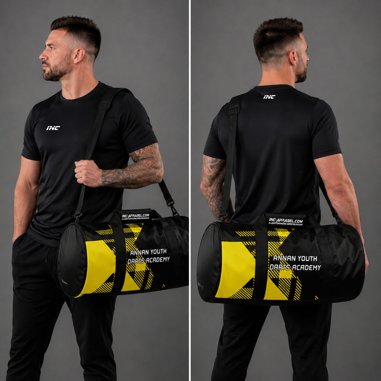 Front view of the Official Annan Youth Darts Academy kit bag, showcasing the spacious main compartment profile and vibrant academy branding.