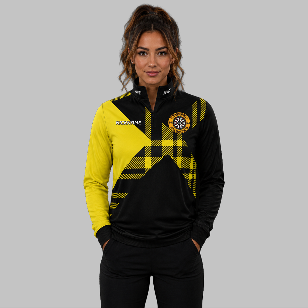 Front view of the unisex Official Annan Youth Darts Academy Quarter Zip Midlayer, highlighting the athletic pullover design, stand-up collar, and official branding.