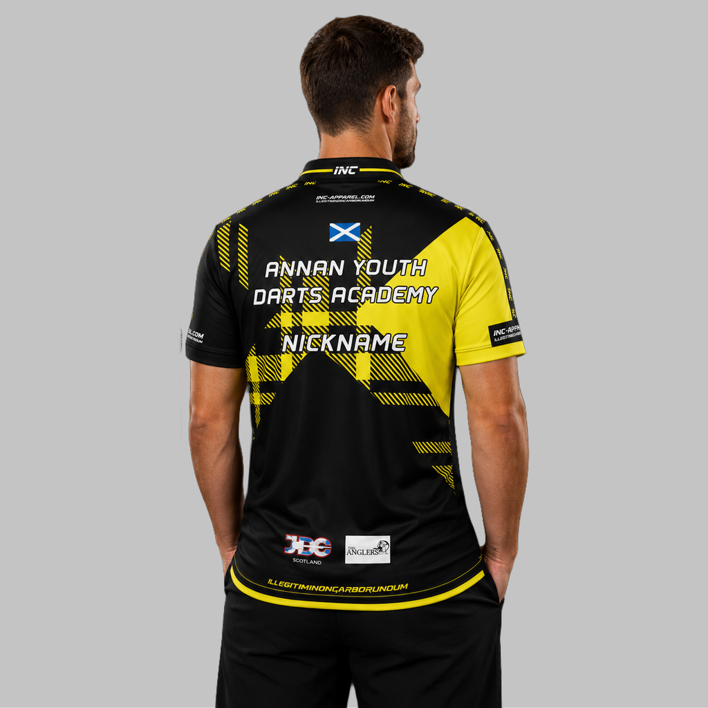 Back view of the Men and Youth Official Annan Youth Darts Academy shirt, showing the clean, continuous flow of the sublimated team design across the shoulders.
