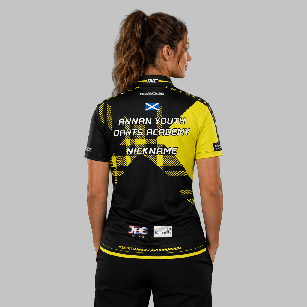 Back view of the Women's Official Annan Youth Darts Academy shirt, showcasing the seamless flow of the sublimated team design across the shoulders.