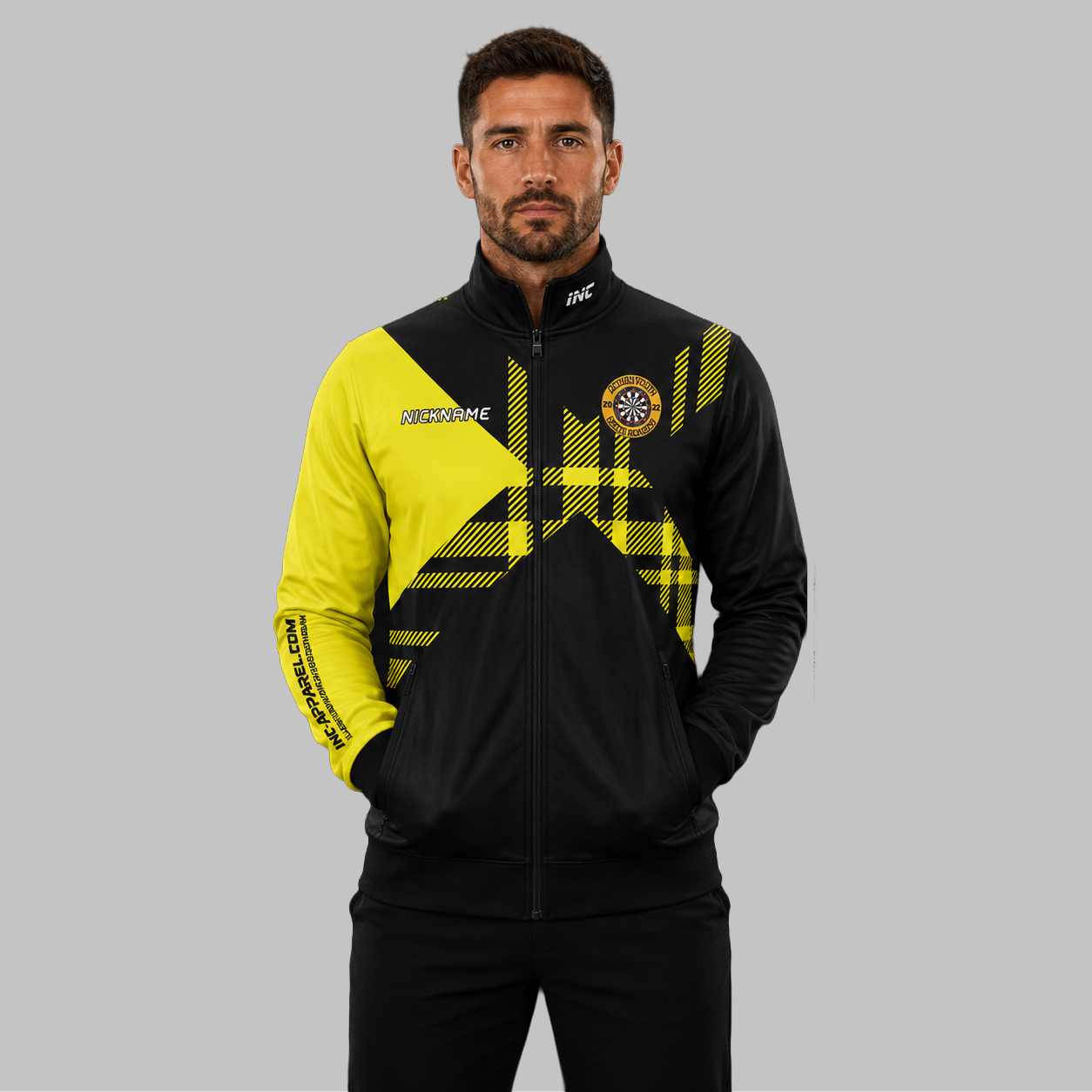 Front view of the unisex Official Annan Youth Darts Academy Tournament Jacket, highlighting the sleek full-zip design, athletic collar, and prominent academy branding.