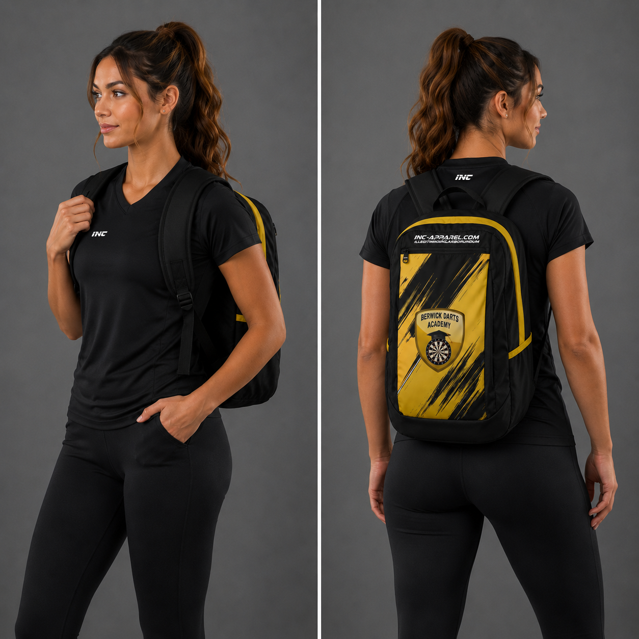 Front view of the Official Berwick Darts Academy backpack, highlighting the spacious zipped pockets, dual water bottle mesh compartments, and clean academy branding.