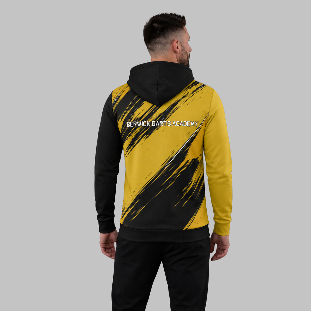 Back view of the unisex Official Berwick Darts Academy hoodie, showcasing the clean fit and double-lined hood architecture.