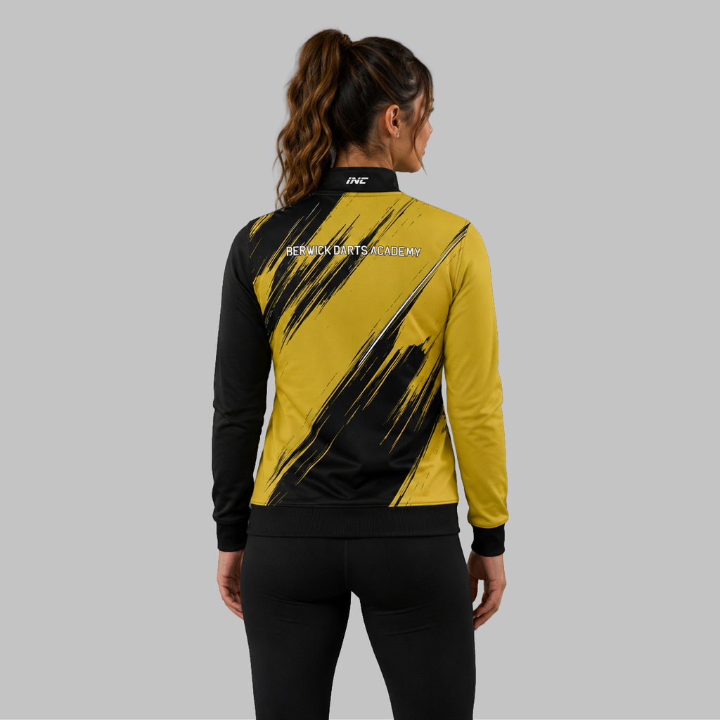 Back view of the unisex Official Berwick Darts Academy Quarter Zip Midlayer, showing the clean athletic silhouette and flexible shoulder construction.