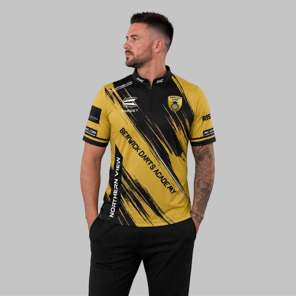 Front view of the Men and Youth Official Berwick Darts Academy shirt, showcasing the professional athletic design and prominent academy branding.