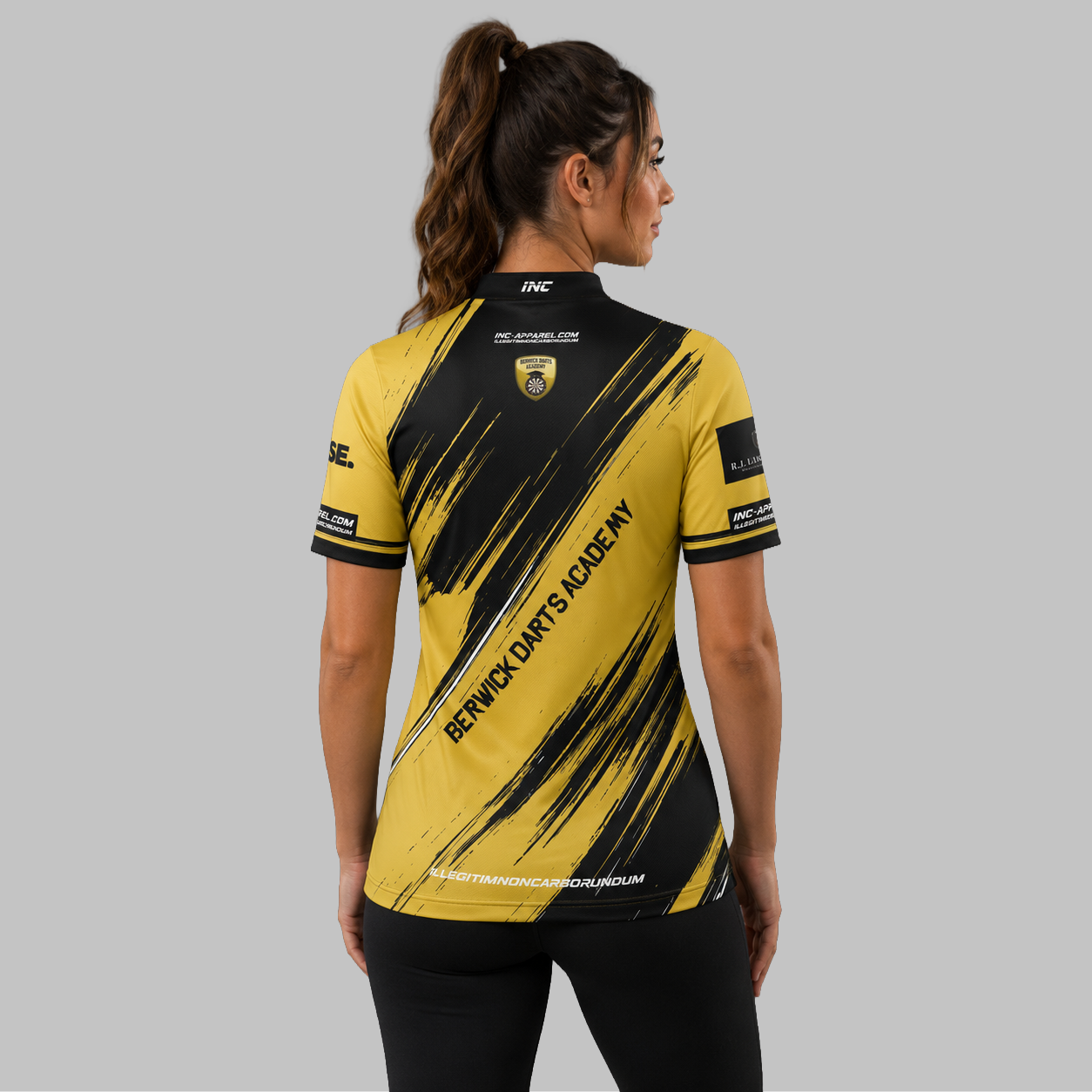 Back view of the Women's Official Berwick Darts Academy shirt, showcasing the seamless flow of the sublimated team design across the shoulders.