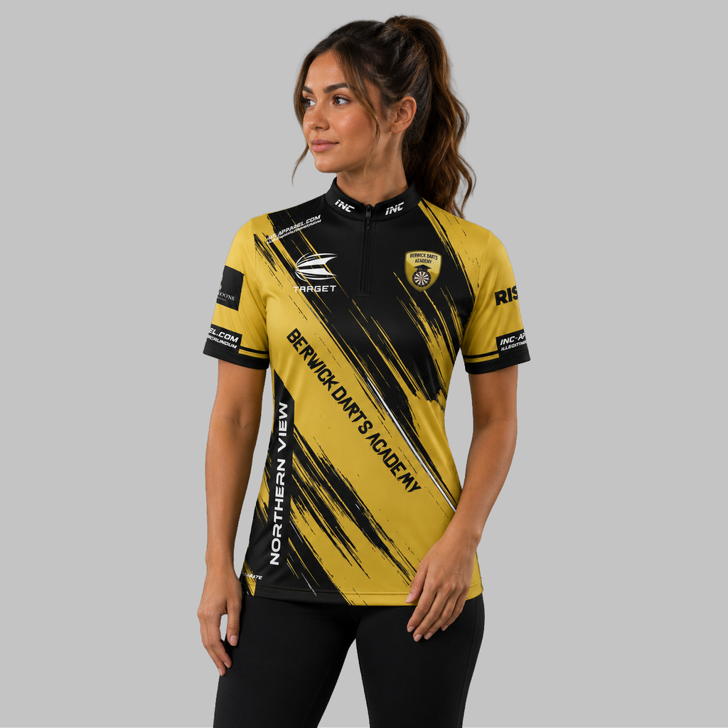 Front view of the Women's Official Berwick Darts Academy shirt, showing the custom-contoured athletic fit and prominent academy branding.