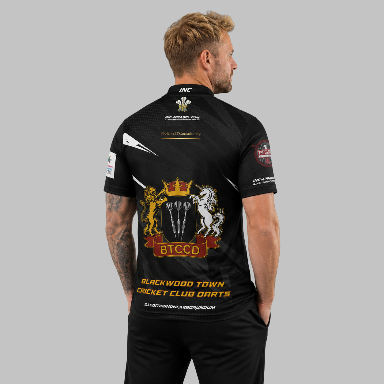 Back view of the Men and Youth Official Blackwood Town Cricket Club Darts Shirt, showing the clean, continuous flow of the sublimated team design across the shoulders.