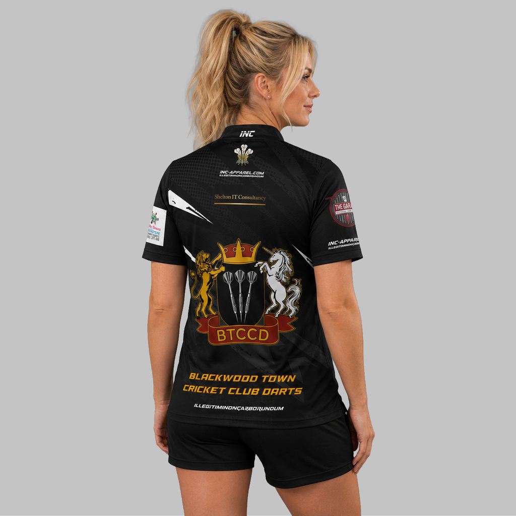 Back view of the Women's Official Blackwood Town Cricket Club Darts Shirt, showcasing the seamless flow of the sublimated team design across the shoulders.
