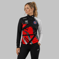 Front view of the unisex Official Blossoms Darts Academy Quarter Zip Midlayer, highlighting the athletic pullover design, stand-up collar, and official branding.