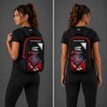 Front view of the Official Blossoms Junior Darts Academy backpack, highlighting the spacious zipped pockets, dual water bottle mesh compartments, and clean academy branding.
