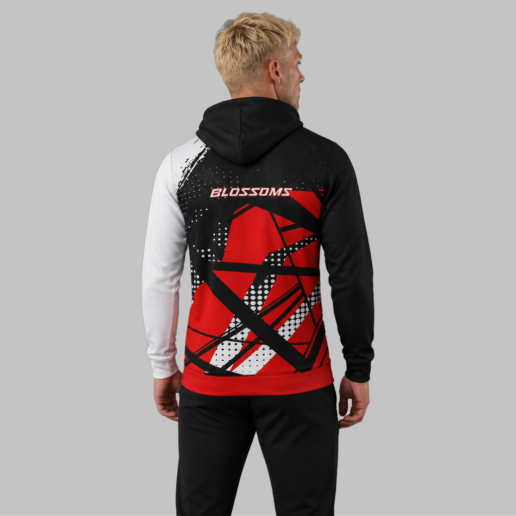 Back view of the unisex Official Blossoms Junior Darts Academy hoodie, showcasing the clean fit and double-lined hood architecture.