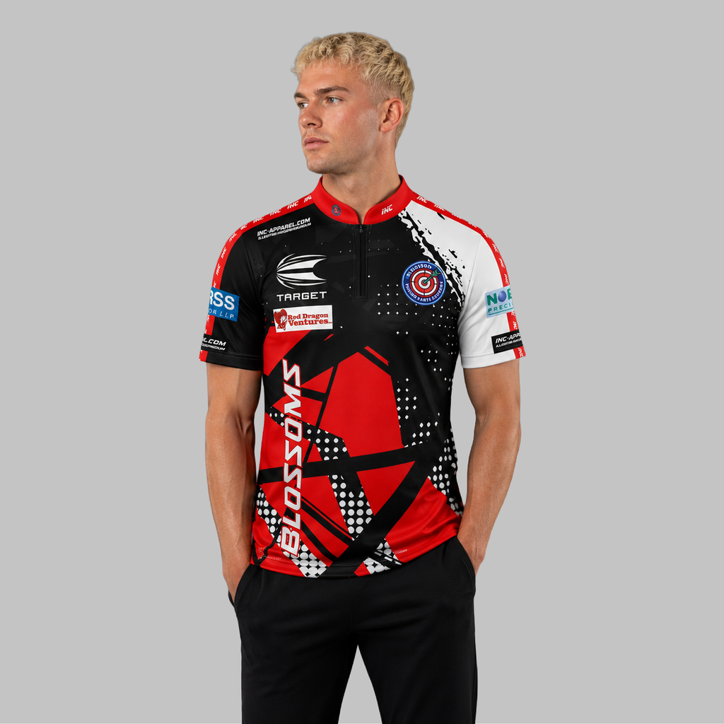 Front view of the Men and Youth Official Blossoms Junior Darts Academy shirt, showcasing the professional athletic design and prominent academy branding.