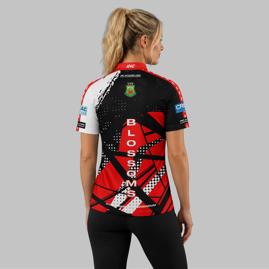 Back view of the Women's Official Blossoms Junior Darts Academy shirt, showcasing the seamless flow of the sublimated team design across the shoulders.
