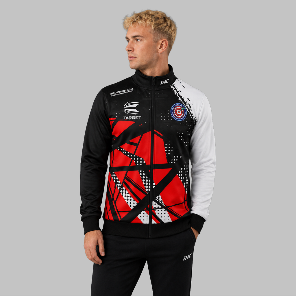 Front view of the unisex Official Blossoms Junior Darts Academy Tournament Jacket, highlighting the sleek full-zip design, athletic collar, and prominent academy branding.
