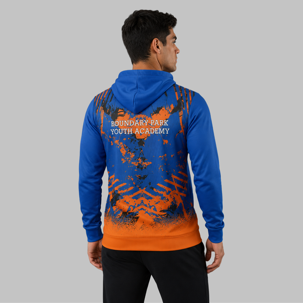 Back view of the unisex Official Boundary Park Youth Darts Academy hoodie, showcasing the clean fit and double-lined hood architecture.