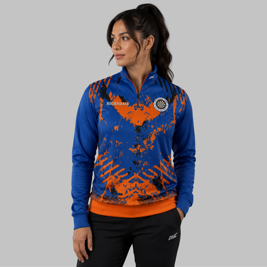 Front view of the unisex Official Boundary Park Youth Darts Academy Quarter Zip Midlayer, highlighting the athletic pullover design, stand-up collar, and official branding.