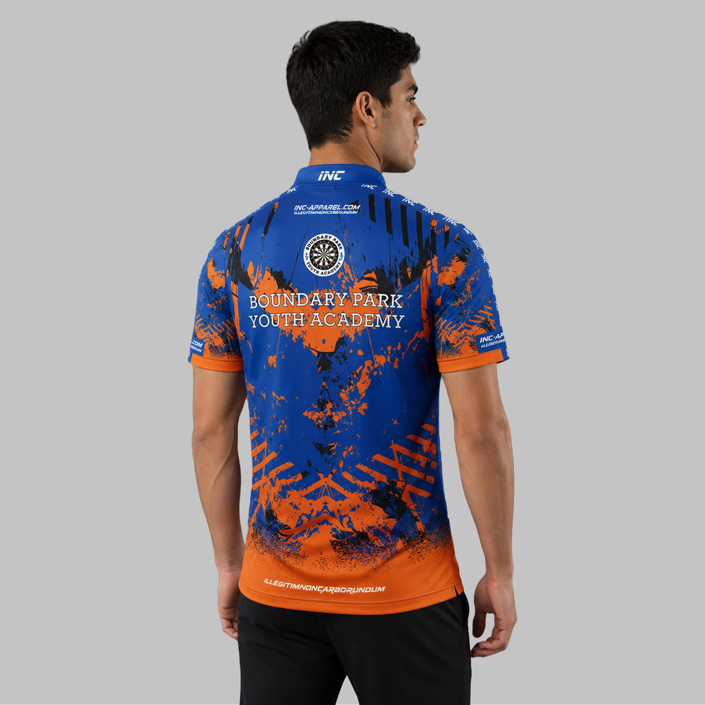 Back view of the Men and Youth Official Boundary Park Youth Darts Academy shirt, showing the clean, continuous flow of the sublimated team design across the shoulders.